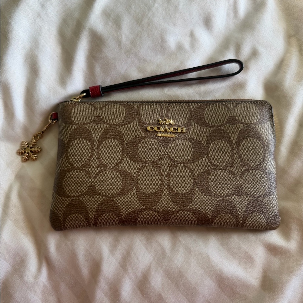 Coach Brown Signature Canvas Wristlet with Gold Charm
